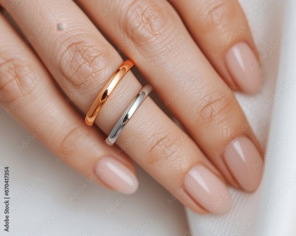 Close-up of hands with manicured nails wearing silver and gold rings on ring fingers, showcasing elegance and minimalistic jewelry design. Close-up of hands with manicured nails wearing silver and gold rings on ring fingers, showcasing elegance and minimalistic jewelry design.