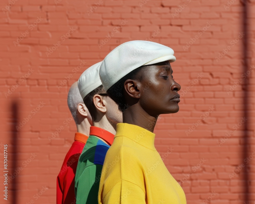 Profile view of three people wearing vibrant clothing and hats, standing in front of a brick wall with intense sunlight casting shadows. Profile view of three people wearing vibrant clothing and hats, standing in front of a brick wall with intense sunlight casting shadows.