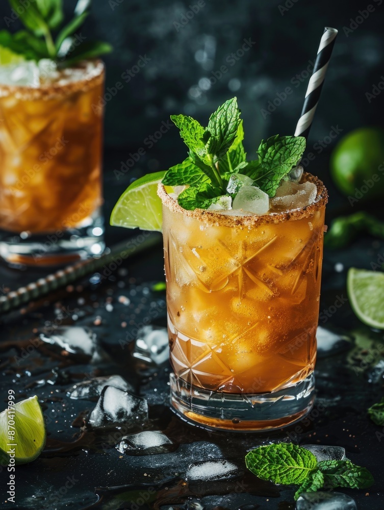 A glass of tea with a lime slice and a sprig of mint. The drink is served in a tall glass with a black and white straw A glass of tea with a lime slice and a sprig of mint. The drink is served in a tall glass with a black and white straw