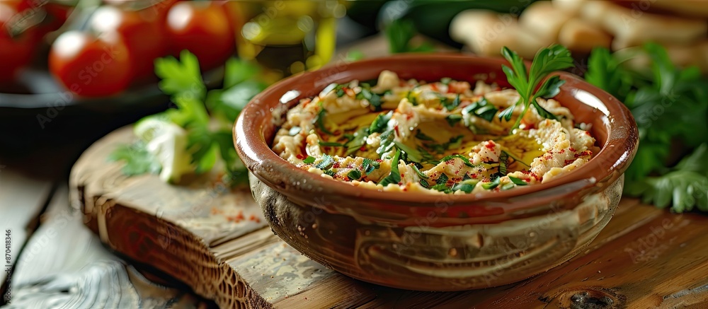 Delicious olive and nut oil humus dip with a garnish of fresh herbs, perfect for spreading on warm pita bread with veggies, best presentation on a rustic plate with a background of a copy space image. Delicious olive and nut oil humus dip with a garnish of fresh herbs, perfect for spreading on warm pita bread with veggies, best presentation on a rustic plate with a background of a copy space image.