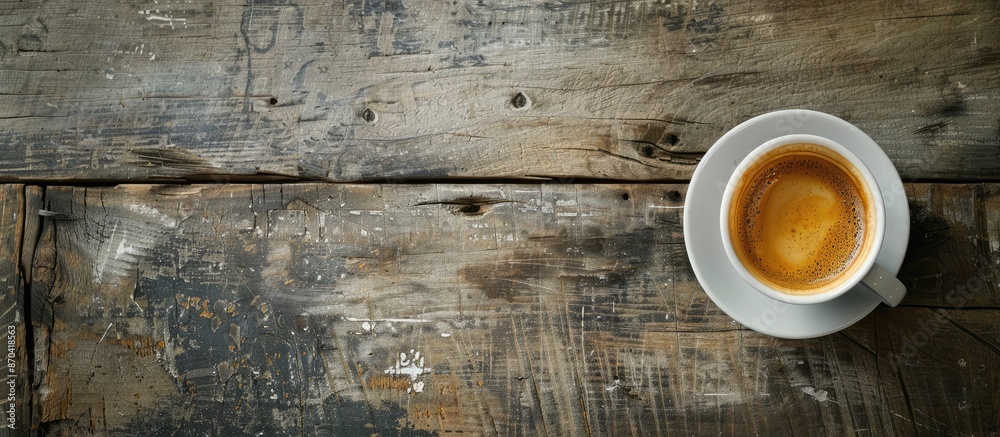 Bird's-eye view of a coffee cup on a textured wooden table, featuring a pleasing copy space image. Bird's-eye view of a coffee cup on a textured wooden table, featuring a pleasing copy space image.