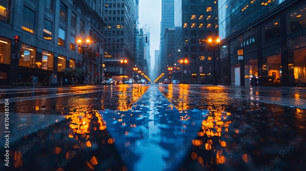 Neon mega city with light reflection from puddles on street heading toward buildings. Neon mega city with light reflection from puddles on street heading toward buildings.