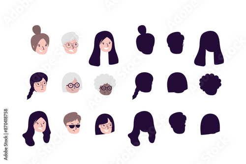 Female character avatar set. Beautiful portrait of women with different hairstyles isolated on white background. Collection of multiethnic women faces and black silhouettes
