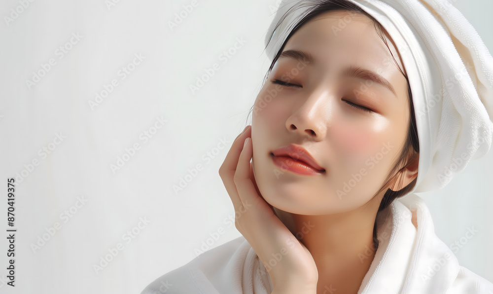 Beautiful young woman after washing her face, smooth, beautiful facial skin glowing face Suitable for advertising cosmetics and skin care products. Capturing the beauty and elegance of nature Beautiful young woman after washing her face, smooth, beautiful facial skin glowing face Suitable for advertising cosmetics and skin care products. Capturing the beauty and elegance of nature