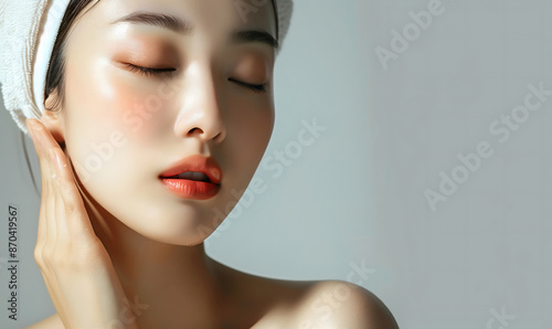 Beautiful young woman after washing her face, smooth, beautiful facial skin glowing face Suitable for advertising cosmetics and skin care products. Capturing the beauty and elegance of nature