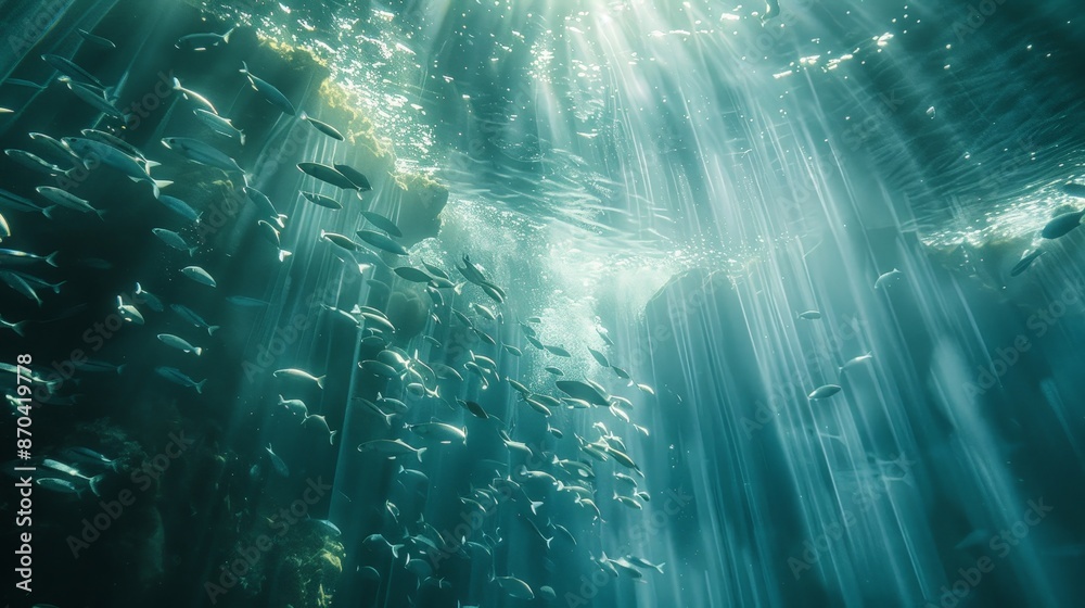 Obraz premium Beneath the surface, an underwater world teems with life, a hidden realm of wonder.