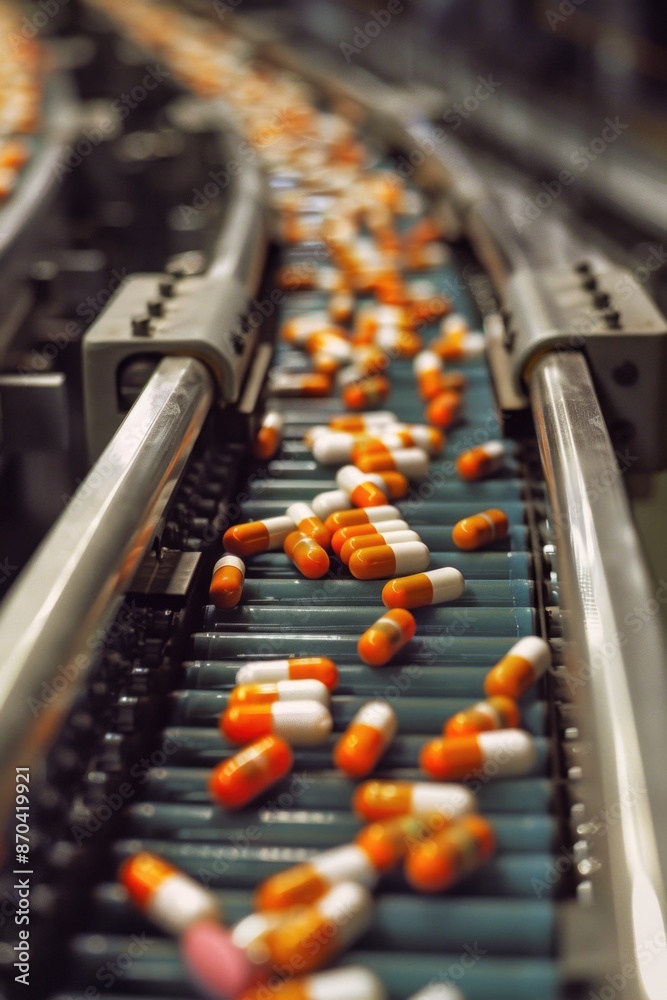 A conveyor belt is filled with pills, some of which are orange and white. The pills are scattered all over the belt, and it appears that they are being sorted or processed A conveyor belt is filled with pills, some of which are orange and white. The pills are scattered all over the belt, and it appears that they are being sorted or processed