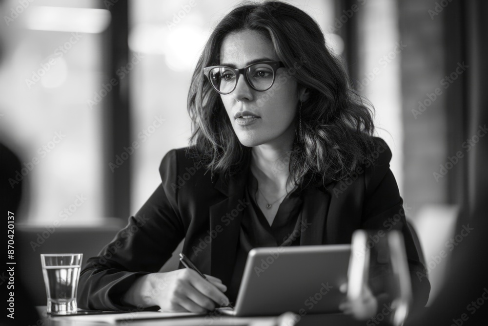 A woman in a business suit is sitting at a table with a tablet and a pen. She is writing something on the tablet A woman in a business suit is sitting at a table with a tablet and a pen. She is writing something on the tablet