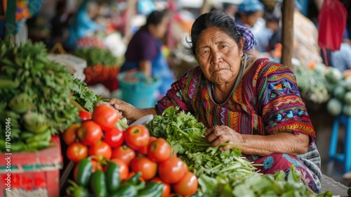 A woman is sitting at a market selling vegetables. She is surrounded by a variety of produce, including tomatoes, peppers, and greens. The scene is lively and bustling, with other people milling about photo