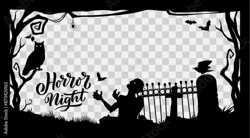 Halloween social media black frame with cemetery tombstones and zombie in forest, vector silhouette. Halloween holiday and horror night post frame template with scary spooky owl, raven and corpse