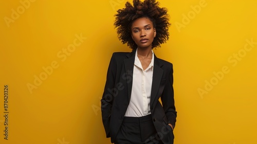 A model showcasing a women's formal suit in black, standing against a solid yellow background.