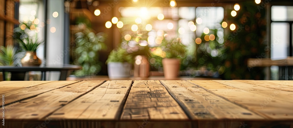 A wooden table with a blurred background provides a blank surface for marketing text or images in a copy space image. A wooden table with a blurred background provides a blank surface for marketing text or images in a copy space image.