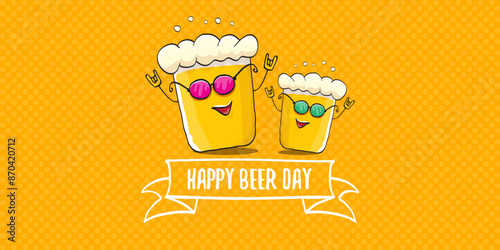 International beer day horizontal banner or summer poster with vector funky beer character isolated on yellow beer background. Vector Cartoon funny International beer day label and poster