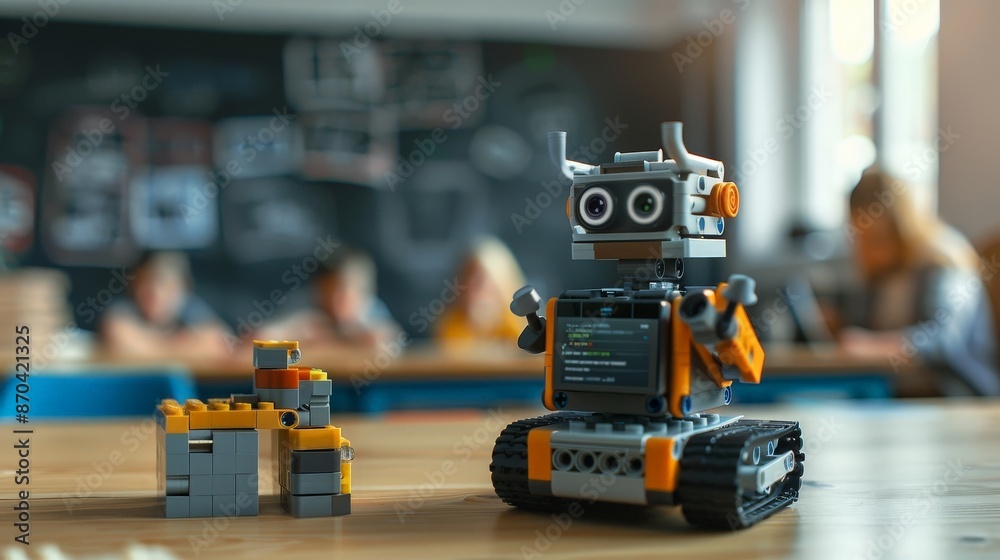 Fototapeta premium Children and Teacher Assemble Robots in Classroom