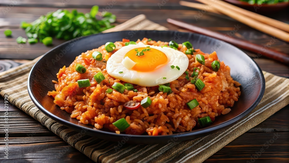 Kimchi Korean fried rice with green onions and egg on a plate, kimchi, Korean, fried rice, green onions, egg Kimchi Korean fried rice with green onions and egg on a plate, kimchi, Korean, fried rice, green onions, egg