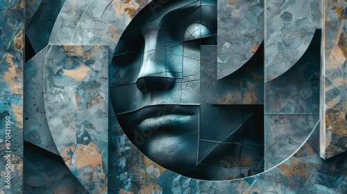 Futuristic Female Face sculpture carved in blue stone. Grunge Textured Background. Ai generative.
 photo