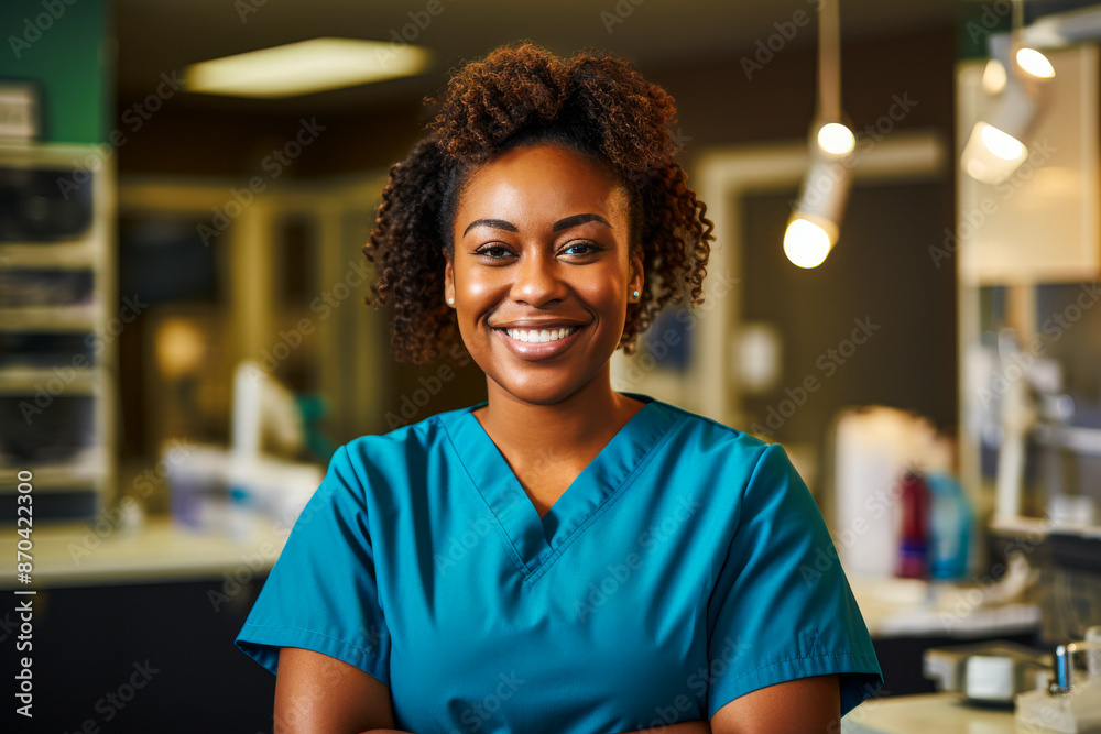 A content vet assistant in teal scrubs is standing confidently in a modern veterinary clinic, representing expertise and dedication in providing animal healthcare. A content vet assistant in teal scrubs is standing confidently in a modern veterinary clinic, representing expertise and dedication in providing animal healthcare.
