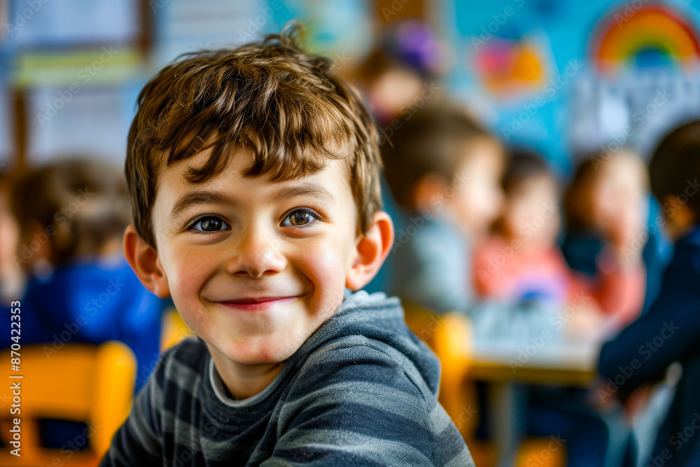 A cheerful boy with brown hair and expressive eyes sits in a classroom, smiling warmly. The vibrant background features other children and colorful decor, suggesting a friendly learning environment.