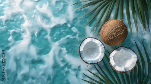 Fresh coconut flat design top view ocean theme 3D render Complementary Color Scheme