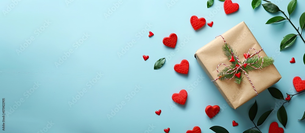 Valentine's Day composition featuring soft red hearts and a gift box on a gentle pastel blue backdrop with ample copy space image. Valentine's Day composition featuring soft red hearts and a gift box on a gentle pastel blue backdrop with ample copy space image.