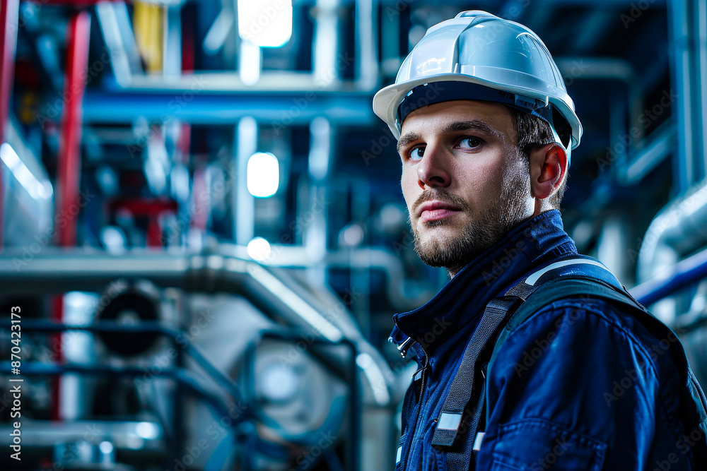 A young male technician in protective gear, white helmet, and blue uniform stands in a sophisticated industrial setup, emphasizing safety and precision.