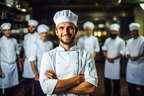 A cheerful chef stands confidently with his arms crossed, leading a team of chefs all wearing white uniforms and chef hats, captured in a professional kitchen setting.