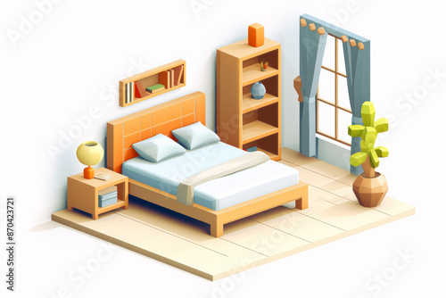 A cozy and contemporary bedroom featuring a large bed, nightstand with lamp, shelf with books, a window with curtains, and a potted plant in geometric styled planter.