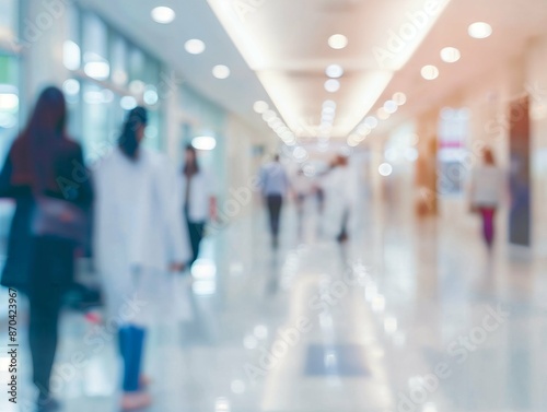 Blurred motion of people walking through a bright hospital corridor, capturing a sense of bustling activity and modern healthcare environment.