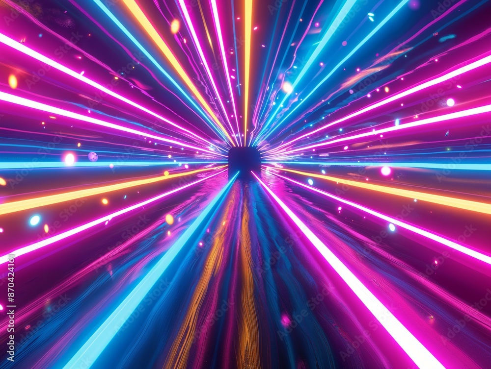 Naklejka premium Exploding neon light beams radiating from a central point, creating a vibrant and energetic abstract visual.