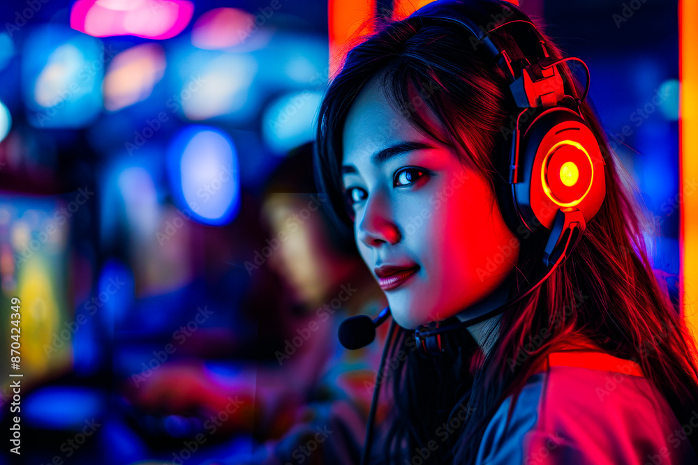 A woman engrossed in gaming, wearing a colorful headset under vibrant neon lights, capturing the immersive and thrilling experience of modern online gaming culture. A woman engrossed in gaming, wearing a colorful headset under vibrant neon lights, capturing the immersive and thrilling experience of modern online gaming culture.