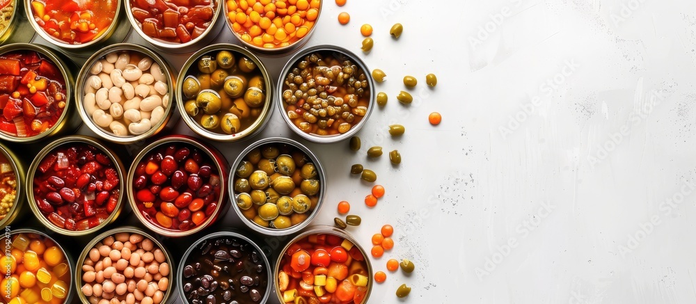 Canned food showcasing on a white backdrop with copy space image. Canned food showcasing on a white backdrop with copy space image.