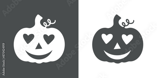 Logo i love Halloween. Emoticono con silueta de calabaza con sonrisa y corazones en lugar de ojos para felicitaciones y tarjetas
