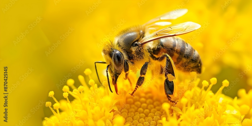 A bee covered in pollen pollinates a bright yellow flower diligently. Concept That sounds like a beautiful and inspiring nature scene! What specific help do you need with this image? A bee covered in pollen pollinates a bright yellow flower diligently. Concept That sounds like a beautiful and inspiring nature scene! What specific help do you need with this image?