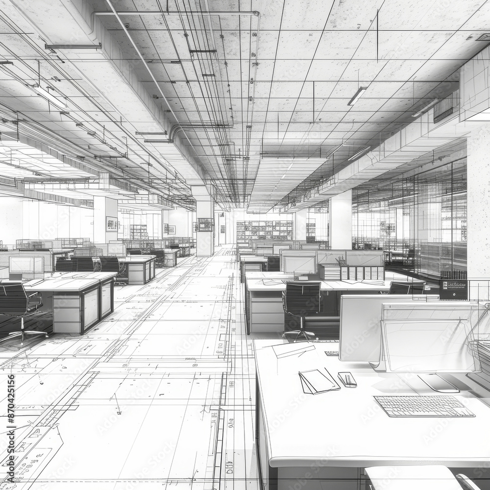 Obraz premium A highly detailed monochrome rendering of an open office space blueprint, featuring desks, chairs, wiring, and structural elements, emphasizing modern workspace design and organization.