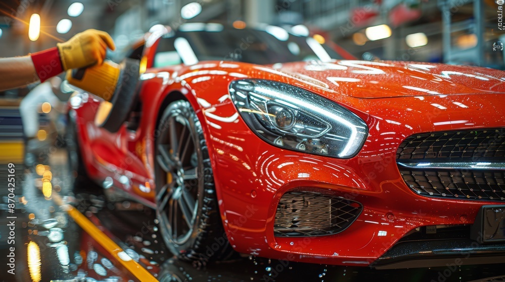 Shiny Red Sports Car Being Polished in Auto Detailing Shop - Generative AI Shiny Red Sports Car Being Polished in Auto Detailing Shop - Generative AI
