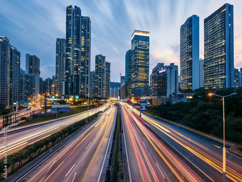 Cityscape with towering skyscrapers and light trails from fast-moving traffic, capturing the dynamic energy of urban life. Cityscape with towering skyscrapers and light trails from fast-moving traffic, capturing the dynamic energy of urban life.