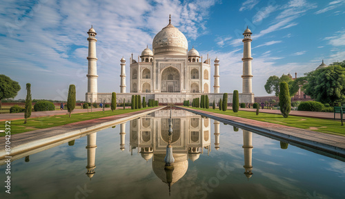 Taj Mahal is a white marble mausoleum on the bank of the Yamuna river in Agra city, Uttar Pradesh state, India