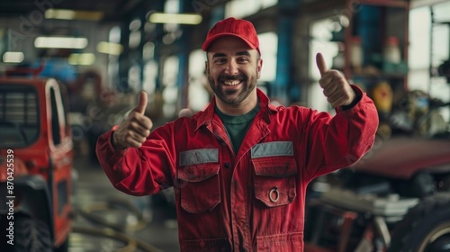 Smiling mechanic thumbs up in car service