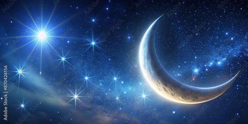 Close-up view of crescent moon with twinkling stars in background, crescent moon, close-up, night sky, stars, astronomy Close-up view of crescent moon with twinkling stars in background, crescent moon, close-up, night sky, stars, astronomy