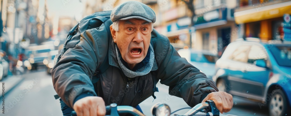 Terrified elderly man riding bike in city traffic. Terrified elderly man riding bike in city traffic.