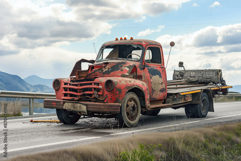 An old, battered red truck with a broken front, parked on a highway with a scenic mountain view in the background.. An old, battered red truck with a broken front, parked on a highway with a scenic mountain view in the background..