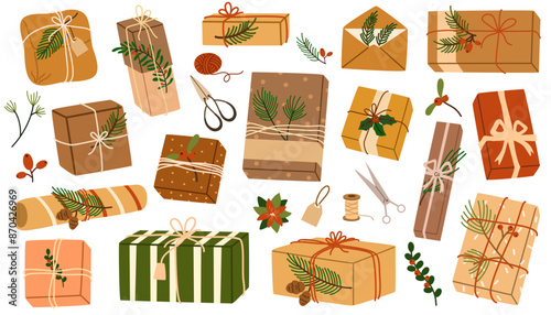 Christmas gifts in kraft paper set. DIY rustic present boxes in craft wrappings with twine bows and branches, Xmas wreaths, envelopes. Colored flat vector illustrations isolated on white background