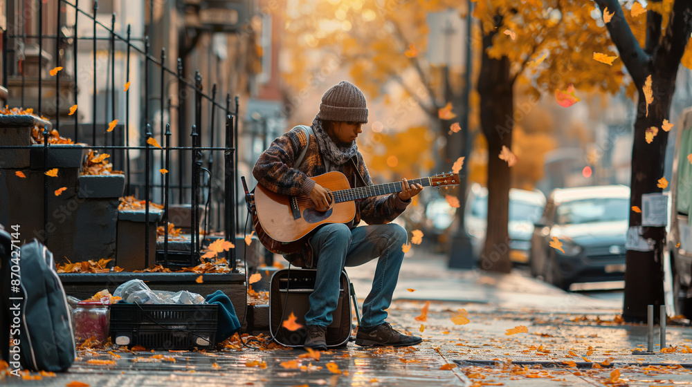 Street musician playing guitar in autumn Street musician playing guitar in autumn