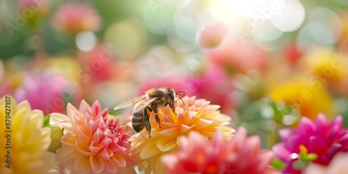 Fototapeta Naklejka Na Ścianę i Meble -  Honey bee gathering pollen in colorful flowers highlighting pollinators significance in nature. Concept Nature Photography, Pollinators, Honey Bees, Colorful Flowers, Importance of Pollination