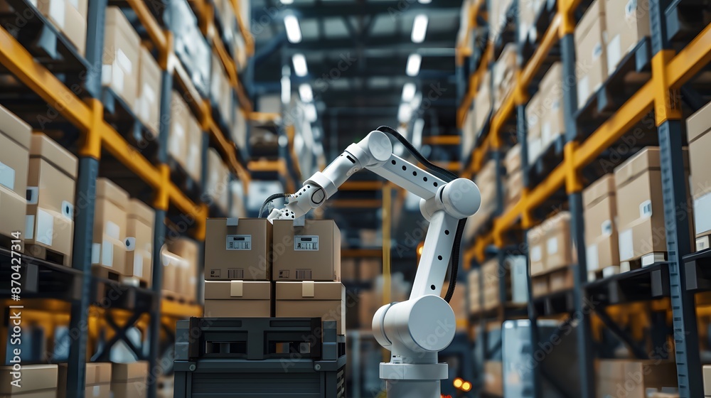 A robotic arm in a warehouse sorting and stacking boxes, generative AI A robotic arm in a warehouse sorting and stacking boxes, generative AI
