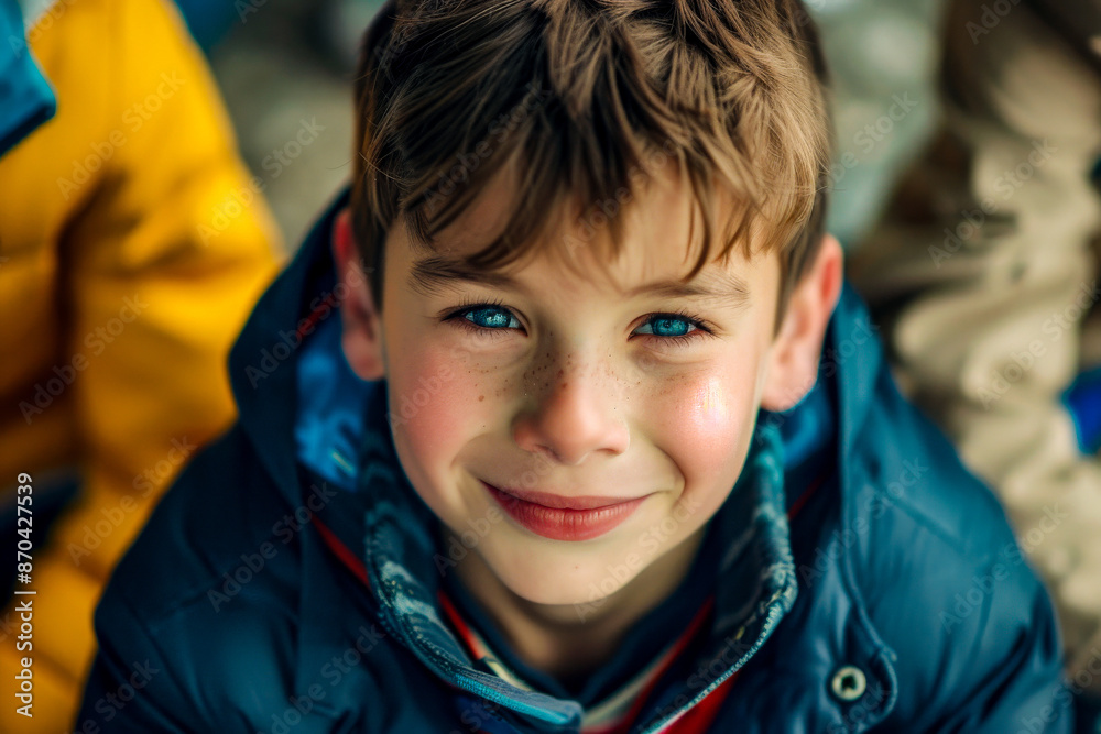 A young boy with light brown hair and freckles, wearing a blue jacket, looks up and smiles warmly. The outdoor setting creates a natural and inviting atmosphere. A young boy with light brown hair and freckles, wearing a blue jacket, looks up and smiles warmly. The outdoor setting creates a natural and inviting atmosphere.