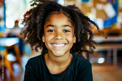 A happy girl with curly hair, dressed in a dark shirt, smiles warmly while seated in a brightly lit classroom. The lively background suggests a fun learning environment. © Tixel