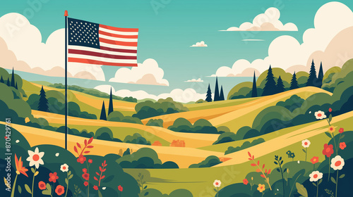 Bright field landscape with American flag.