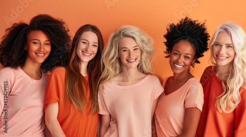 A joyful group of five women in coordinated outfits, smiling and radiating happiness, symbolizing friendship and togetherness.