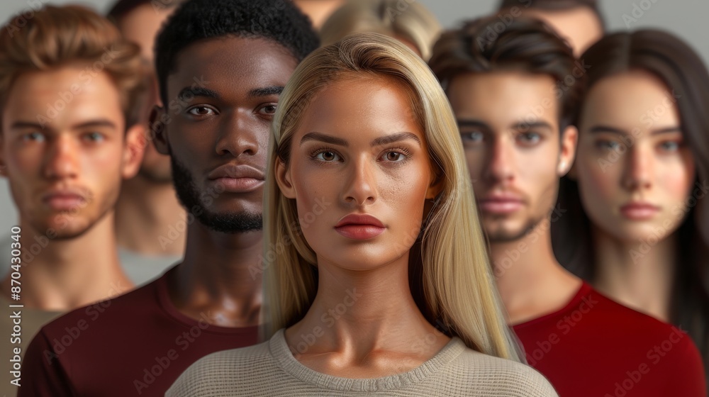 Obraz premium A group of diverse young adults standing close together, each with a focused expression, showcasing unity and diversity.